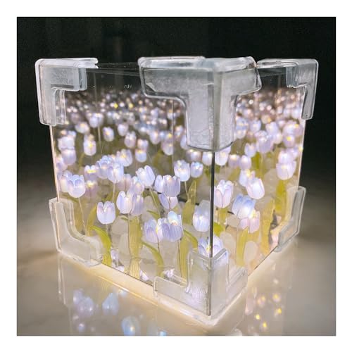 YiKAiLi Tulpen Nachtlicht, DIY Tulpenwürfel Spiegel Lampe, LED Blumen Tulpen Licht Schreibtischlampe mit Einstellbarer Helligkeit & USB-Aufladung für Tisch Schlafzimmer Heim Dekoration (Lila) von YiKAiLi