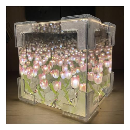 YiKAiLi Tulpen Nachtlicht, DIY Tulpenwürfel Spiegel Lampe, LED Blumen Tulpen Licht Schreibtischlampe mit Einstellbarer Helligkeit & USB-Aufladung für Tisch Schlafzimmer Heim Dekoration (Rosa) von YiKAiLi
