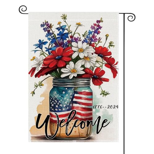 Amerikanische Gartenflagge 4. Juli, 30,5 x 45,7 cm, doppelseitig, Jute, Gedenktag, Hofflagge, Einmachglas, Blumen, Sommer, Gartenflagge, Unabhängigkeitstag, Urlaub, Außendekoration von YiKingBox