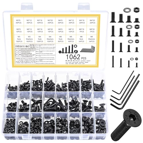 1062 Stück Senkkopfschrauben Muttern Set, M3 M4 M5 M6 Schrauben Set, Flachkopf Maschinenschrauben Sortiment, Innensechskantschrauben mit Muttern, Zylinderschrauben mit Unterlegscheiben Sets(Schwarz) von YiLUXmyyxgs