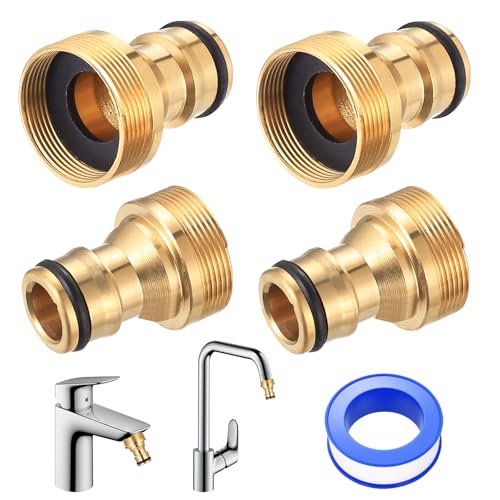 4 Stück Universal-Wasserhahnanschluss für Mischbatterie, Messing Schnellkupplung Wasserhahn Adapter, Gartenschlauch Anschluss Schlauchadapter Set für Gardena schlauchkupplung 1/2 zoll und 3/4 Zoll von YiLUXmyyxgs