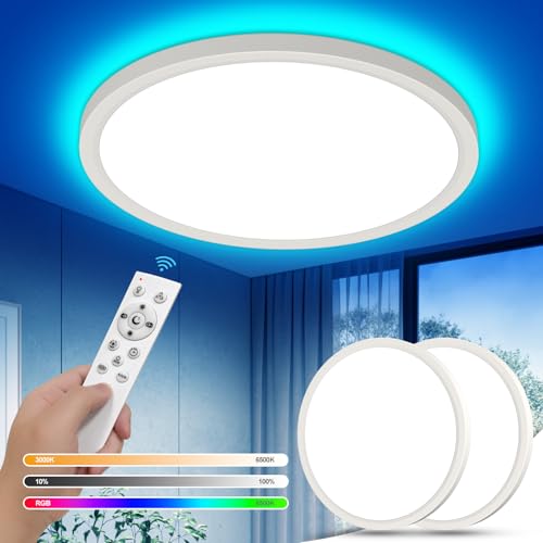YiLaie 2 Stück LED Deckenleuchte Dimmbar mit Fernbedienung 24W RGB Deckenlampe LED Farbwechsel Flach Rund Deckenbeleuchtung 3000K-6500K IP44 Wasserdicht für Wohnzimmer Schlafzimmer Badezimmer Ø30cm von YiLaie