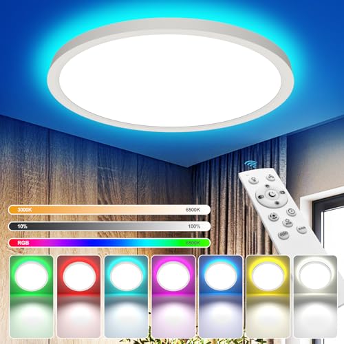 YiLaie LED Deckenleuchte Dimmbar mit Fernbedienung 24W 3840LM RGB Deckenlampe Farbwechsel,IP44 Wasserdicht Badezimmer Lampe,3000K-6500K Rund Lampe Decke für Kinderzimmer Wohnzimmer Schlafzimmer von YiLaie