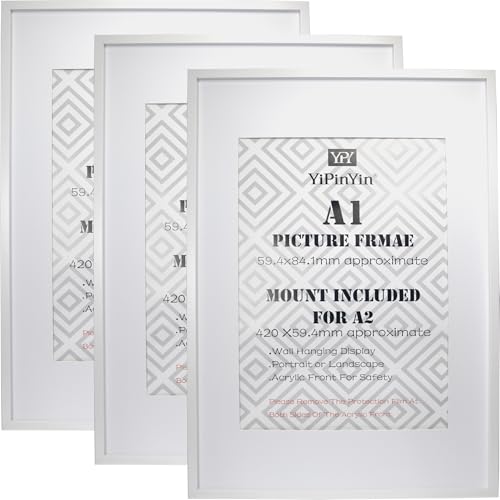 Bilderrahmen, A1 (59,4 x 84,1 cm), mit Passepartout für A2-Fotos, elegante Wandgalerie-Rahmen für Zuhause, Schlafzimmer, Wohnzimmer, Büro und Hotel, Weiß, 3 Stück von YiPinYin