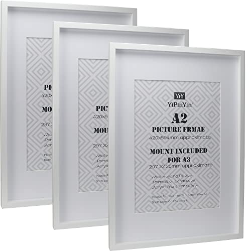 Bilderrahmen A2 (42 x 59,4 cm) Mit Passepartout für A3 (29,7 x 42 cm), Weiß, Holzoptik, Posterrahmen, 3 Stück von YiPinYin