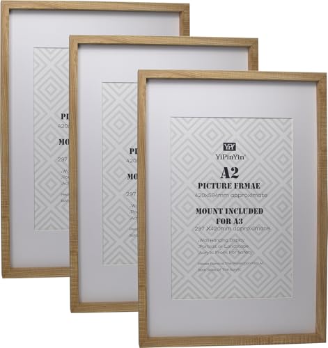 Bilderrahmen in Naturholzoptik, A2 (42 x 59,4 cm), mit Passepartout für A3 (29,7 x 42 cm), A3-Bilderrahmen, 3 Stück, A2, Eichenholzoptik, Posterrahmen mit Passepartout für A3-Fotos von YiPinYin