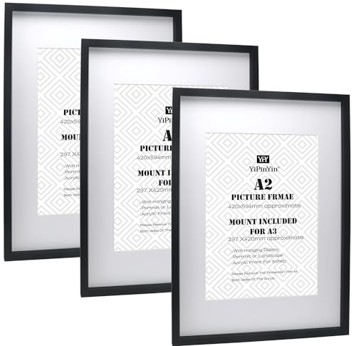 Bilderrahmen, A2 (42 x 59,4 cm), mit Passepartout für A3 (29,7 x 42 cm), A3-Bilderrahmen, Schwarz, A2, Holzoptik, Posterrahmen mit Passepartout für A3-Fotos, 3 Stück von YiPinYin