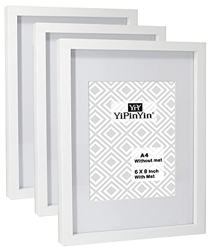 YiPinYin Bilderrahmen, A4, mit Passepartout für A5 (15,2 x 20,3 cm), A4-Galerie-Bilderrahmen mit Halterung für A5, 15,2 x 20,3 cm Bilderrahmen mit Echtglas, A4, A5, Weiß, 3 Stück von YiPinYin