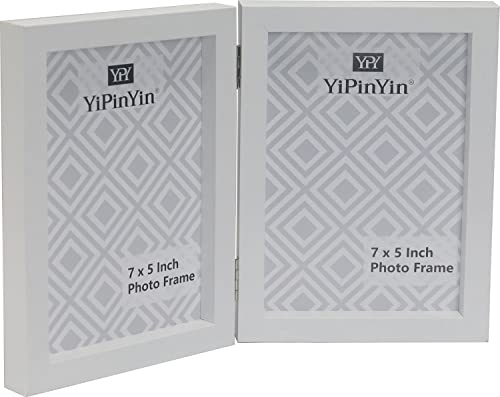 YiPinYin Doppel-Bilderrahmen, aufklappbar, 17,8 x 12,7 cm, Holzoptik, 12,7 x 17,8 cm, Weiß mit Glas, für 2 Standardfotos à 13 x 18 cm, faltbar, Muttertagsgeschenkrahmen von YiPinYin