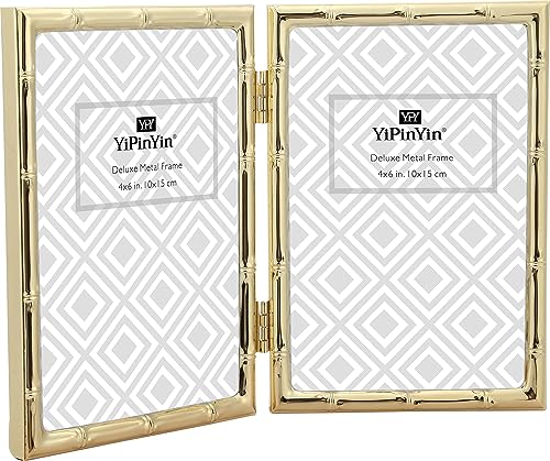 YiPinYin Doppel-Bilderrahmen mit Bambus-Details, goldfarbenes Metall-Bilderrahmen, 15.2x10.2 cm, 10.2x15.2 cm, mit weicher Samtrückseite und Echtglas für den Schreibtisch YiPinYin Doppel-Bilderrahmen mit Bambus-Details, goldfarbenes Metall-Bilderrahmen, 15.2x10.2 cm, 10.2x15.2 cm, mit weicher Samtrückseite und Echtglas für den Schreibtisch von YiPinYin
