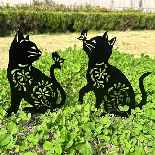 YiQinzcxg 1/2pcs Metall Katzengarten Dekore Tiere Dekoren Skulpturen Dekorative Einsätze Schwarze Silhouetten Pfahl von YiQinzcxg