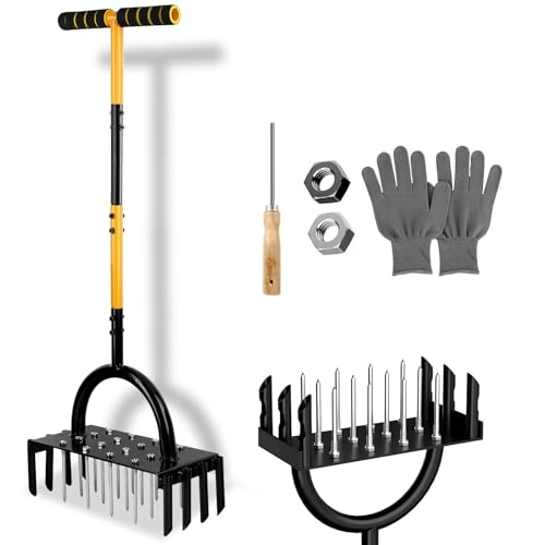 YiTePeDo 2 in 1 Rasenlüfter, 96cm Aerifizierer für Rasen, Manuell Rasenbelüfter mit 24 Eisenspikes T-Griff Rasenbelüftermit Reinigen Sie den Griff und Handschuhe für Verdichtete Böden Rasenpflege von YiTePeDo