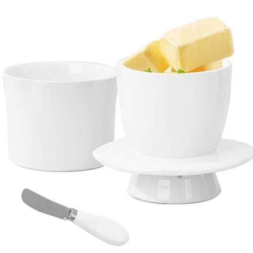 YiTePeDo Butterdose aus französischem Porzellan - wassergekühlte Butterkuppel mit Deckel und Buttermesser - für langanhaltende Frische und leichte Schmierung mit Butter (Keramikbutterdose weiß) von YiTePeDo