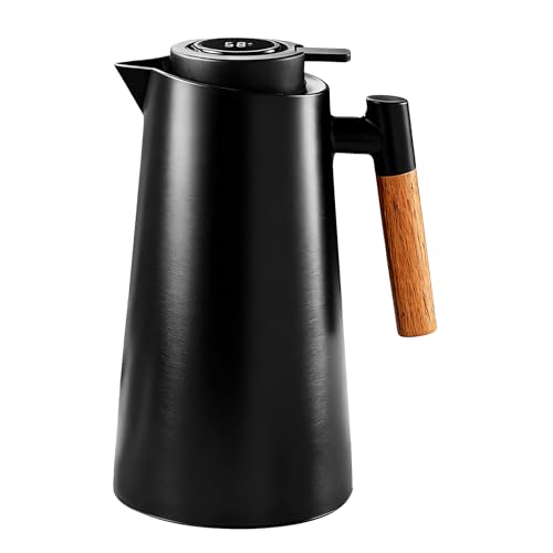 YiTePeDo Thermoskanne, 1 l, Schwarz, mit Holzgriff, doppelwandig, Vakuum, für lange Haltbarkeit, ideal für Tee, Kaffee und Getränke von YiTePeDo