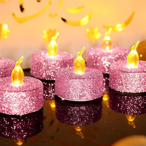 Rose glitzernde Led Teelicht Kerzen, 12-Pack warme gelbe Batterie flackernde gefälschte Teelichter realistische flammenlose Teelichter für Weihnachten,Halloween,Hochzeit,Party,este Dekorationen von YiYFiT