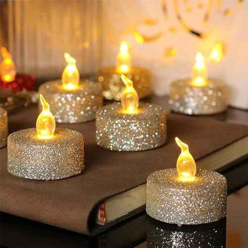 Silber glitzernde Led Teelicht Kerzen,12-Pack warme gelbe Batterie flackernde gefälschte Teelichter realistische flammenlose Teelichter für Weihnachten,Halloween,Hochzeit,Party,Festivals Dekorationen Silber glitzernde Led Teelicht Kerzen,12-Pack warme gelbe Batterie flackernde gefälschte Teelichter realistische flammenlose Teelichter für Weihnachten,Halloween,Hochzeit,Party,Festivals Dekorationen von YiYFiT