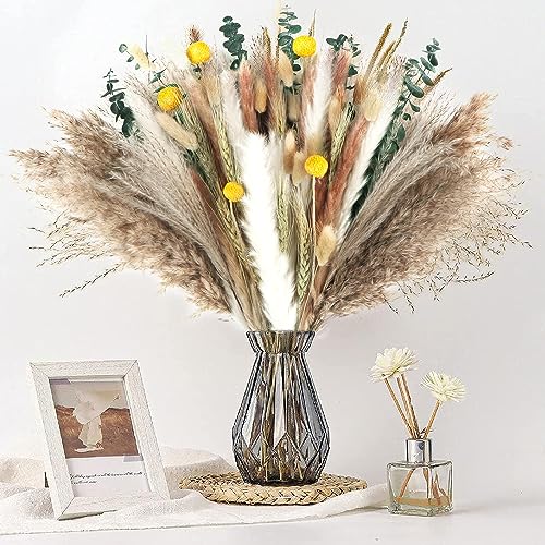 YiYa 135 Stück Natürliche Trockenblumen Deko, Getrocknete Pampas Bouquet Pampas Gras Künstlerische Home Decor Für Büro Dekor Wohnzimmer Dekor Boho Home Table Decor Vasen von YiYa