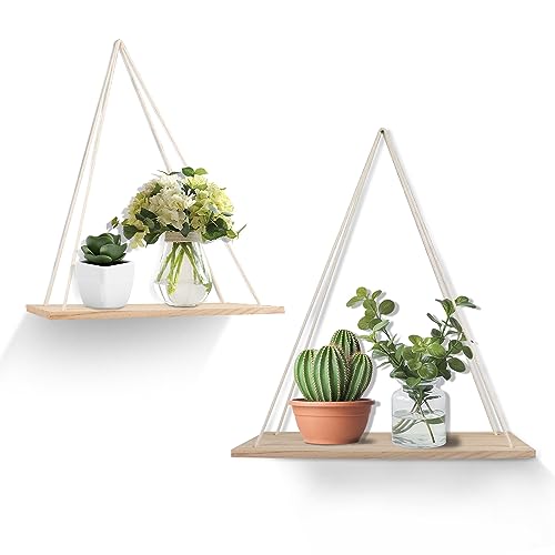 YiYa 2pcs Wandregal Holz Hängeregale Mit Seil Seil Hängende Schwimmende Regale Schwimmende Holzregale Boho Deko für Küche, Schlafzimmer, Bad, Büro，Kleine Pflanzen Dekor Wanddeko Wohnzimmer von YiYa