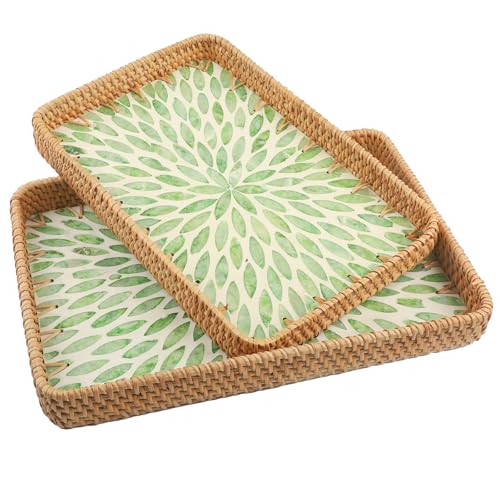YiYa 2 Stück Rechteckiges Tablett aus Rattan Tablett aus Rattan mit Muschel Mosaik Rattans Serviertablett für Kaffee, Brot, Obst Dekotablett YiYa 2 Stück Rechteckiges Tablett aus Rattan Tablett aus Rattan mit Muschel Mosaik Rattans Serviertablett für Kaffee, Brot, Obst Dekotablett von YiYa