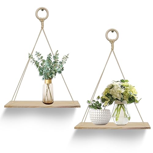 YiYa 2pcs Wandregal Holz Hängeregale Mit Seil Seil Hängende Schwimmende Regale Schwimmende Holzregale Boho Deko für Küche, Schlafzimmer, Bad, Büro，Kleine Pflanzen Dekor Wanddeko Wohnzimmer von YiYa