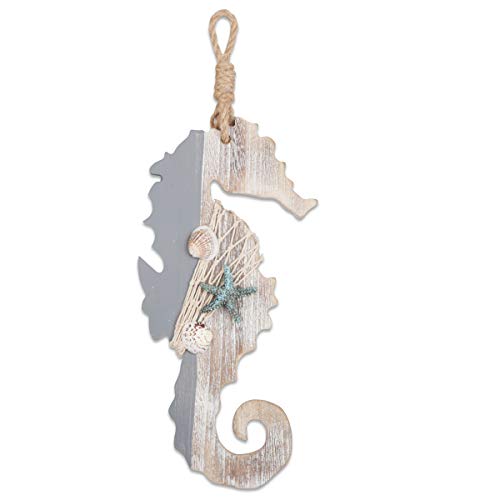 YiYa 30 cm Holz Dekor Seepferdchen mit Seestern und Muscheln für nautische Dekoration, Wanddekor Tür hängende Verzierung Strandthema Hauptdekoration von YiYa