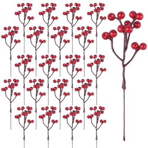 YiYa 36 Stück Künstliche Rote Beeren Beeren Aus Stechpalmen Rote Beeren Deko für Christbaumschmuck Blumen Kranz DIY Handwerk Winter Dekoration von YiYa