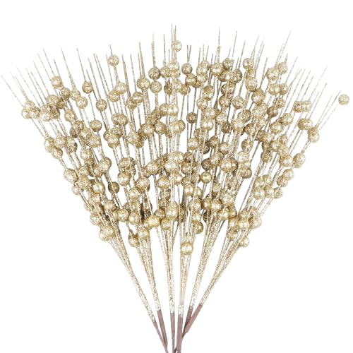 YiYa 6 Pack Goldene künstliche Glitter Beere Stem Ornamente Glitzernde Zweige für Dekorative Weihnachtsbaum DIY Handwerk Dekoration Holiday Vase Zuhause Hochzeit (40CM) von YiYa