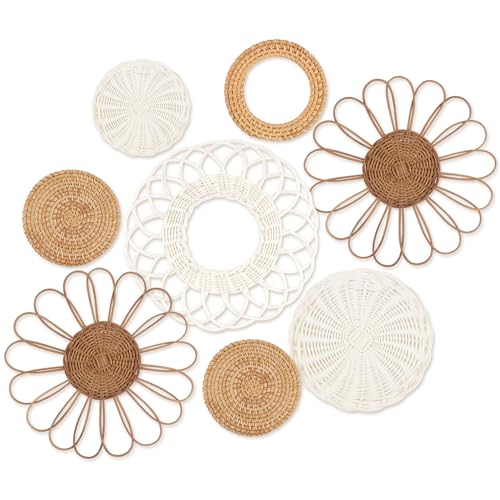 YiYa Boho Wandkorb Dekor Set von 8 Gewebtes Wandkorb-Set Gewebte Hängende Wandkörbe Rattan Blume Wand Korb Dekor für Wanddekoration Wohnzimmer Bauernhaus Wohnzimmer Kinderzimmer von YiYa