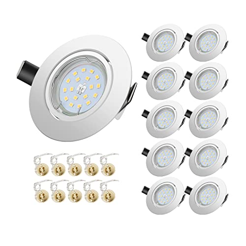 LED Einbaustrahler,5W 600LM Kaltweiß 6000K,LED Spots 230V GU10, 30° Schwenkbar, Ø68 mm Lochbohrung, Ø90mm Rund Weiß Metall Rahmen, 10er Set LED Einbauleuchten von Yiahin