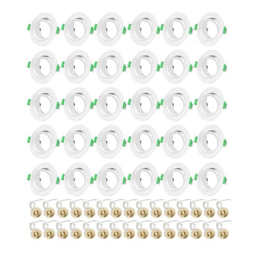 Yiahin 30er Einbaustrahler GU10 Set, Spot Einbaurahmen Rund Matt Weiß, inkl. GU10 Fassung, Lochdurchmesser 68mm-80mm, 30° Schwenkbar Einbauspots Rahmen für LED oder Halogen(50mm-Lampen), 30 Stück von Yiahin