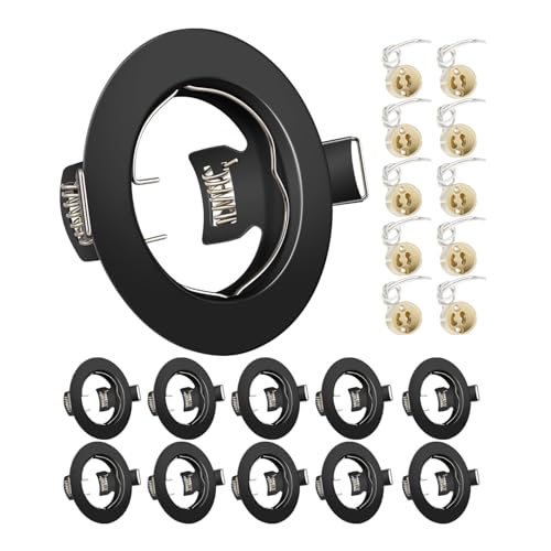 Yiahin Einbaustrahler GU10 Set, Spot Einbaurahmen Rund Matt Schwarz, Lochdurchmesser 55mm-70mm, Einbauleuchte Einbaurahmen Optik, Inkl. GU10 Fassung für LED oder Halogen(50mm-Lampen), 10 Stück von Yiahin