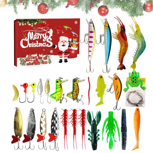 Yianyal Fishing Tackle Adventskalender | 24 Tage Weihnachts Angelköder Countdown Set | Süßwasser Salzwasser Angelköder Köder | Für Angler Vater Opa Freund Teenager Erwachsene Enthusiasten von Yianyal