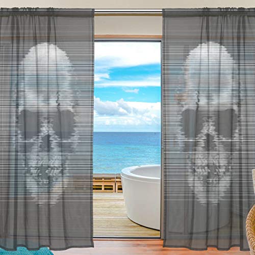 Mnsruu Halloween Vorhänge mit Totenkopf-Motiv, 198 cm lang, Voile Transparente Gardinen für Wohnzimmer, Schlafzimmer, 2er Set von Mnsruu