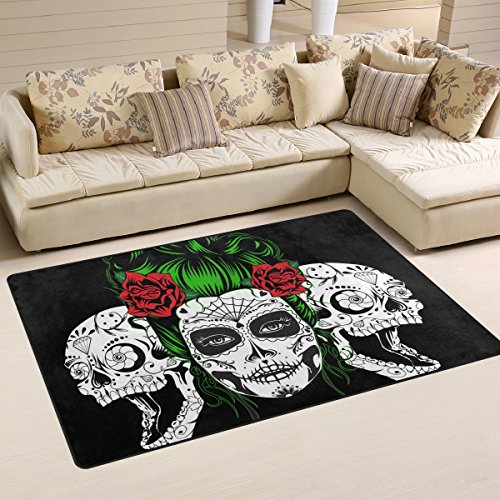 Mnsruu yibaihe, leicht, Bedruckt mit Deko-Teppich, Teppich, modern Totenkopf mit roten Blumen wasserabweisend stoßfest. Für Wohn- und Schlafzimmer, 153 x 100 cm von Mnsruu