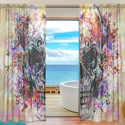 yibaihe Fenster Sheer Vorhänge Panels Voile Drapes Tüll Vorhänge Schöne Einrichtung Colorful Watercolor Totenkopf 2 Einsätze für Wohnzimmer Schlafzimmer Girl 's Room, 140cm x 213cm von Mnsruu