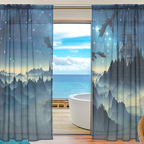 yibaihe Fenster Vorhänge, Gardinen Platten Fenster Behandlung Set Voile Drapes Tüll Vorhänge 3D Fantasy Drachen und Schloss 2 Einsätze für Wohnzimmer Schlafzimmer Girl 's Room 140cm x 213cm von Mnsruu