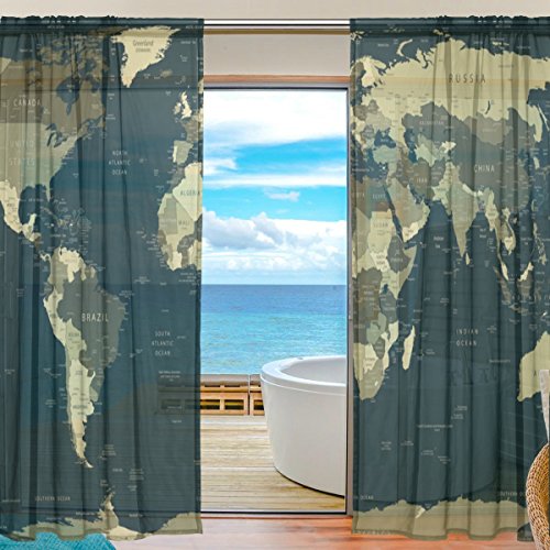 yibaihe Fenster Vorhänge, Gardinen Platten Fenster Behandlung Set Voile Drapes Tüll Vorhänge Weltkarte in Camouflage Farben 140 W x 213 L cm 2 Einsätze für Wohnzimmer Schlafzimmer Girl 's Room von Yibaihe