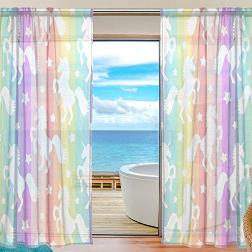 Mnsruu Fenster Vorhänge, Gardinen Transparente Fenster Voile Drapes Tüll Vorhänge weiß Einhörner auf bunten Streifen 198 cm lang für Wohnzimmer Schlafzimmer Girl 's Room 2 Platten von Mnsruu