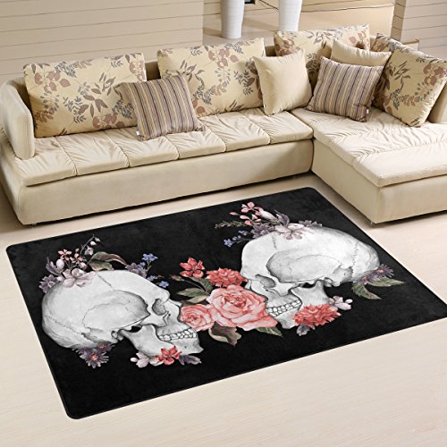 yibaihe Schöne Einrichtung Bereich Teppich Teppich Fußmatte Fußmatte Skulls mit Rot Blumen wasserabweisend Rutschfest waschbar für Wohnzimmer Innenbereich 80 x 51 cm von Mnsruu