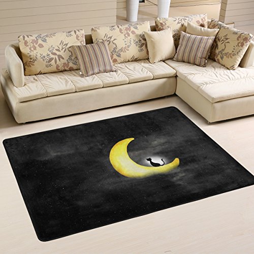 yibaihe leicht Bedruckt Bereich Teppich Teppich Fußmatte Deko Katze schwarz sitzend auf dem Mond wasserabweisend leicht zu reinigen für Wohnzimmer Schlafzimmer, 91 x 61 cm von Mnsruu
