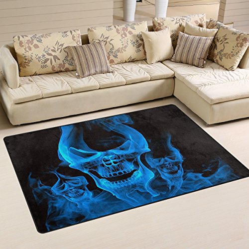 yibaihe leicht Bedruckt Bereich Teppich Teppich Fußmatte Deko Totenkopf Burning blau wasserabweisend leicht zu reinigen für Wohnzimmer Schlafzimmer 153 x 100 cm von Mnsruu