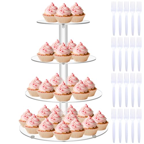 Cupcake Ständer, Tortenständer 4 Etagen Acryl, Tortenplatte mit 20 Cake Forks, Kuchenstützen mit Platten Dessertturm Gebäckstände für Hochzeitstorte, Geburtstag Weihnachten(10,23/8,7/7,28/4,13 Zoll) von Yibang