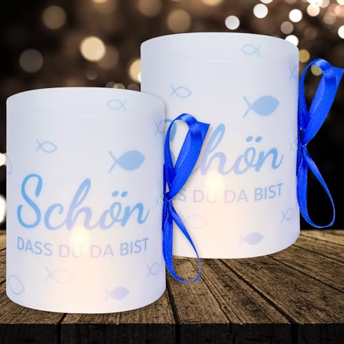 16 Windlichter Tischdeko Geburtstag Taufe Kommunion Konfirmation Schön dass du da bist Deko für Teelichter und Kerzen Deko (mit farbigen Seilen) von Yibat