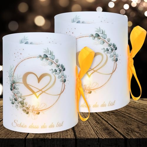 16 Windlichter Tischdeko Liebe Hochzeit Deko Mr und Mrs Hochzeit Jahrestag Deko "Schön Dass Du Da Bist" Deko für Hochzeit Tisch Teelichter und Kerzendeko (mit farbigen Seilen) von Yibat