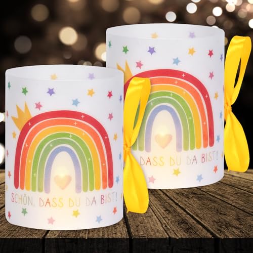 16 Windlichter Tischdeko Mädchen Geburtstag Tischdeko Regenbogen Deko Geburtstag Deko "Schön Dass Du Da Bist", Teelicht und Kerzen Deko für Kindergeburtstag, Party (mit farbigen Seilen) von Yibat