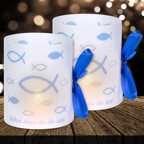 16 Windlichter Tischdeko Taufe Deko Kommunion Deko Windlicht Fisch Deko Junge Mädchen Schön dass du da bist Deko für Teelicht und Kerzen Deko (mit farbigen Seilen) von Yibat