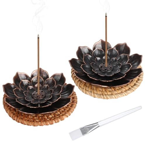 2 Stück Räucherstäbchen Halter, 6 Loch Räucherstäbchenhalter mit Untersetzer und Bürste, Lotus Incense Holder, Räucherstäbchen Halterung für Meditation Yoga Wohnzimmer Dekoration von Yicenmy