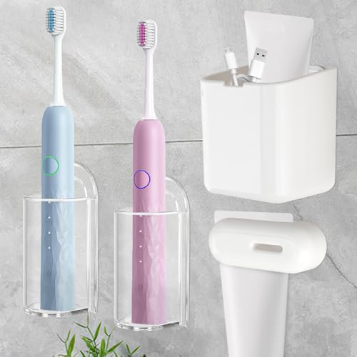 2 Stück Wandhalterung Elektrische Zahnbürstenhalter, Selbstklebend Zahnbürsten Halter mit Zahnpastahalter Aufbewahrungsbox, Electric Toothbrush Holder Wand Ohne Bohren, Zahnbürsten Halterung Weiß von Yicenmy
