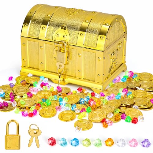 Schatzkiste Kindergeburtstag Gold, Schatztruhe Kindergeburtstag mit Schloss und Schlüssel, 50 Goldmünzen Kinder und 100 Edelsteine für Kinder, Goldtaler Piratenschatz für Aufbewahren und Dekorieren von Yicenmy