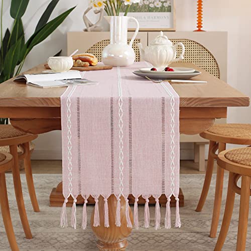 Yicorgard Bauernhaus Tischläufer Rustikaler Stil 33x183 cm, geflochtene gestreifte Leinen Fall Tischläufer mit Quasten für Esszimmer Küche Lesen Kommode Dekor,Pink von Yicorgard